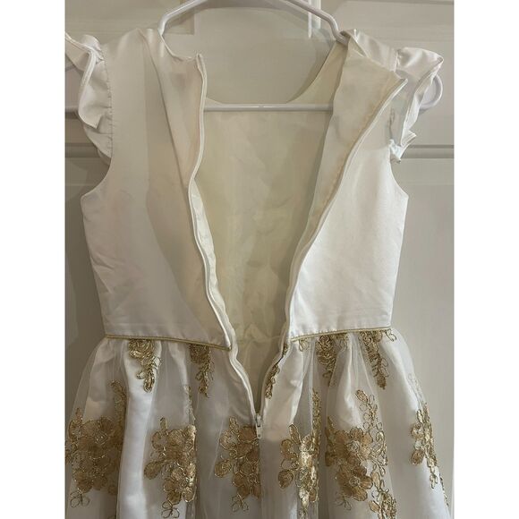 Girls Size 10 White Gold Formal Dress Floral Lace Rare Editions Flower Girl - Picture 5 of 7